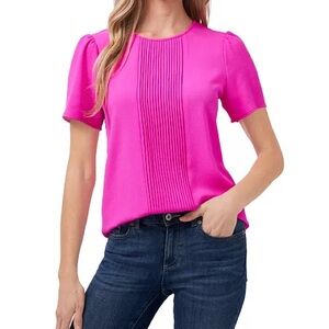 Cece Pintucked Front Short Sleeve Crew Neck Blouse